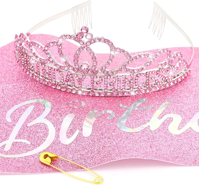 CAVETEE Princess Crowns and Sashes for Girls & Women - Birthday Party Decorations Set