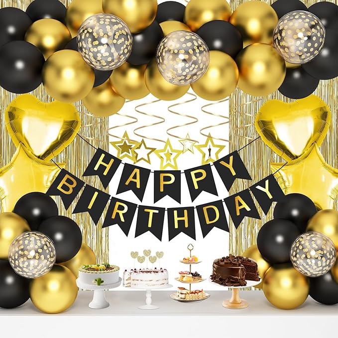 Black Gold Birthday Decorations, Gold Party Decorations Set with Birthday Banner, Black Gold Balloons, Gold Fringe Party Curtains, Hanging Swirls, Cake Toppers for Girls Women Men Kids Birthdays Party