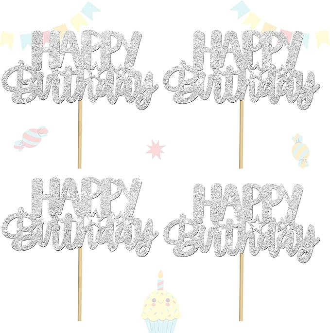 Glitter Silver Birthday Centerpiece Sticks 12PCS Happy Birthday Party Table Decorations Double Sided Birthday Party Centerpieces for Cheers to Birthday Anniversary Baby Shower Supplies