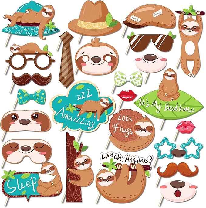 25Pcs Sloth Photo Booth Props with Stick, Jungle Animals Theme Selfie Props, Birthday Party Supplies, Photography Backdrop Decorations