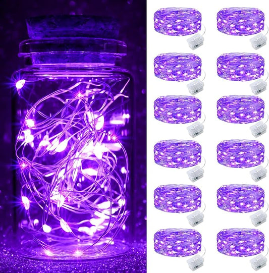 pozzolanas 12 Pack Purple Fairy Lights Battery Operated 3 Modes 7FT 20 LED Waterproof String Lights Twinkle Silver Wire for Mason Jars Wedding Christmas Halloween Party Decor (12, Purple)