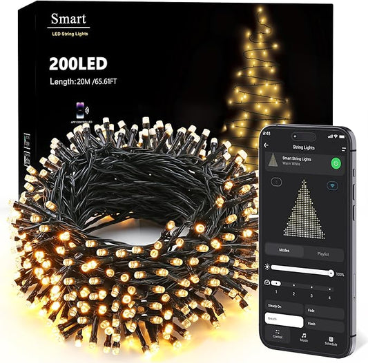 Brizled Smart String Lights, 65.61ft 200 LED Christmas Lights with APP & Voice Control, WiFi Christmas Fairy Light Warm White Music Sync Xmas Tree Lighting Green Wire for Home Xmas Tree Party Decor