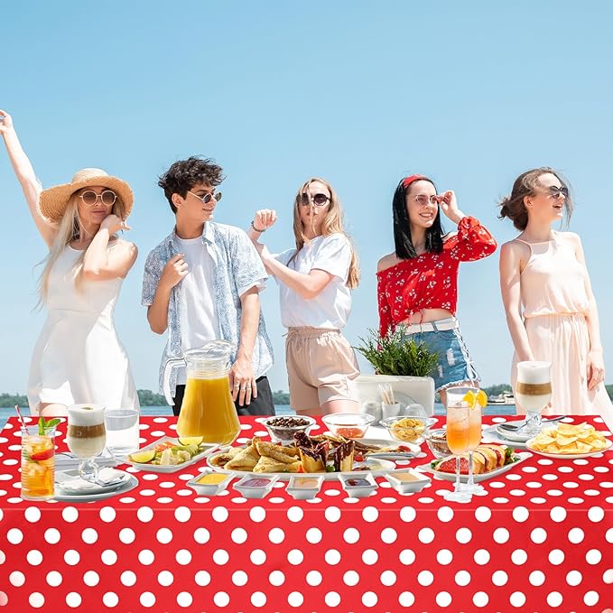 WNINK 4 Pack Red and White Polka Dot Tablecloths – Disposable Plastic Waterproof Table Cover, 54" x 108", for Birthday, Wedding, Bridal Shower, Bachelor Party, and Picnic