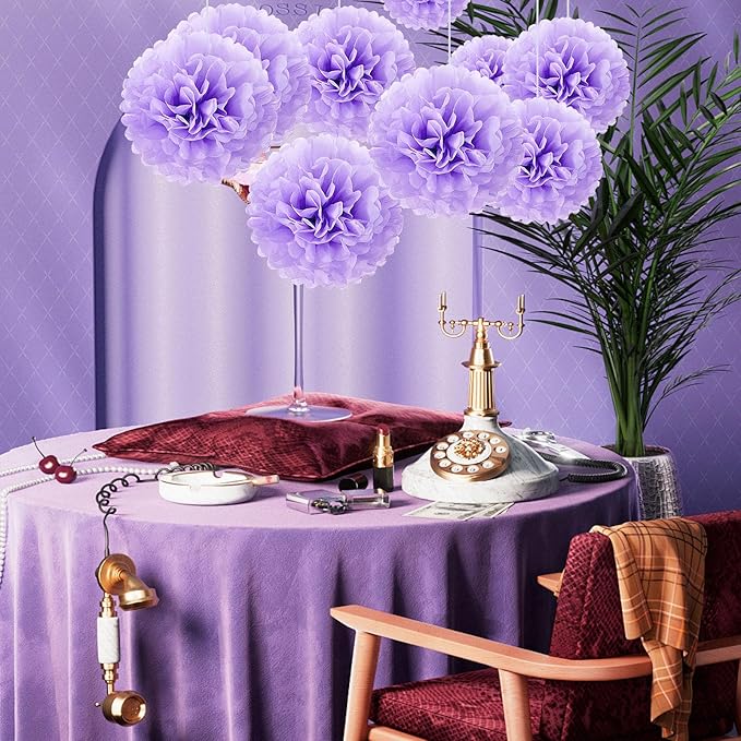 20 PCS Light Purple Tissue Paper Pom Poms Flowers, Sizes 6", 10", 12", 14" Hanging Paper Flower Ball for Wedding, Birthday, Halloween, Christmas, Baby Shower Party Decor