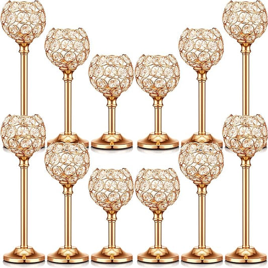 Mimorou 12 Pack Crystal Candle Holders Gold or Silver Candle Holders Bulk Tealight Candlestick Crystal Candelabras for Wedding Party Valentine Christmas Dining Table Centerpieces Decoration (Gold)