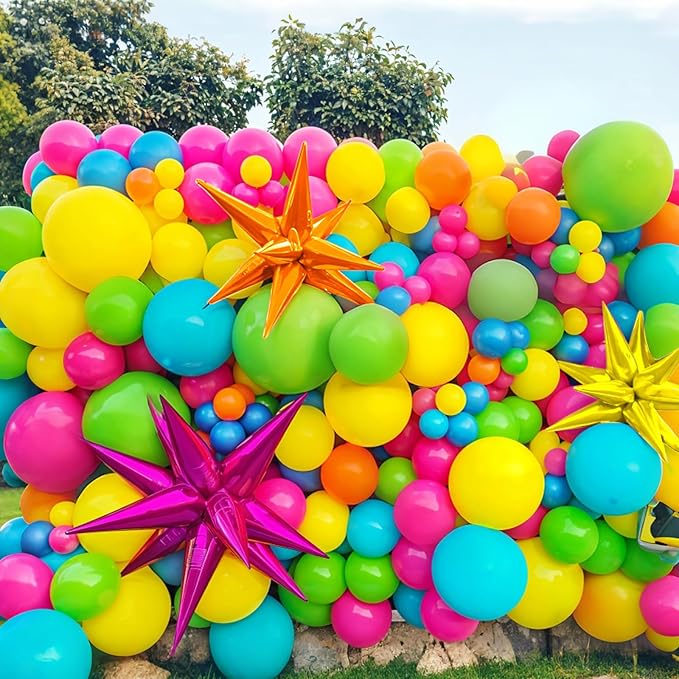 Summer Tropical Balloon Arch Garland Kit, 4D Star Foil Balloons Hot Pink Lime Green Orange Teal Yellow Rainbow Ballon for Hawaiian Luau Aloha Birthday Shower Pool Party Decorations