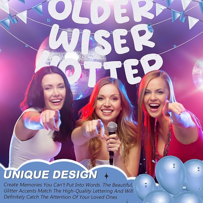 Fulmoon Set of 3 Pre Strung Older Wiser Hotter Glitter Banner Funny Birthday Banner for Women 30th 40th 50th 60th 70th 80th Birthday Party Decorations Sign Gift(White)