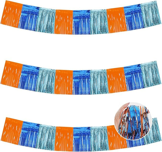 BEISHIDA 3 Packs Metallic Foil Fringe Garland Orange Bue Wall Hanging Tinsel Fringe Banners for Car Floats Birthday Party Decoration Baby Shower Backdrops Dog Theme Party Supplies(30 Feet)