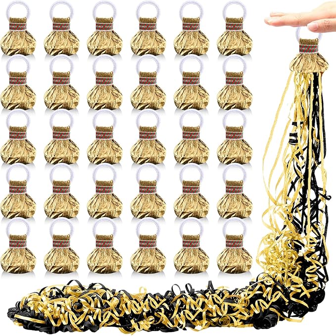 WinnerWhy 30 Pcs No Mess Confetti Poppers Hand Throw Streamers Party Poppers for Graduation 2026 Birthday Celebrations Wedding Engagement Bachelorette Party Supplies(Black and Gold)