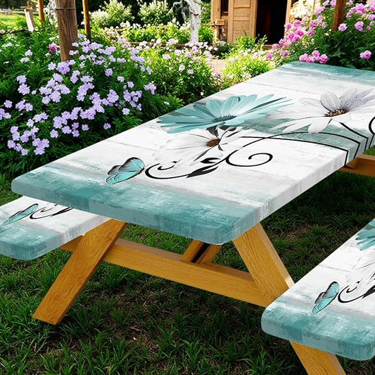 Rustic Farmhouse Teal Flower Picnic Table Cover with Bench Covers, Waterproof Teal Daisy Floral Flowers Butterfly on Country Wooden for Camping Indoor Outdoor Party Decorations, 30X72in