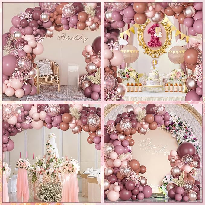 Ouddy Party Dusty Rose Pink Balloons Garland Arch Kit, Different Sizes 18 12 10 5 Inch Pink Mauve Retro Blush Purple Latex Confetti Balloons for Valentines Day Boho Birthday Wedding Party Decorations