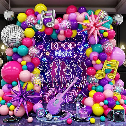 KPOP Music Theme Balloon Garland Arch Kit, 119Pcs Rainbow Colorful Balloon & Retro Disco Ball Musical Note Explosion Star Foil Balloons for K-Pop Party 90s 80s Disco Hip Hop Birthday Decor Supplies