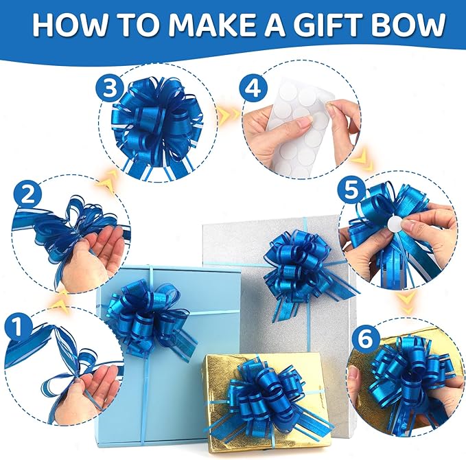 24pcs Royal Blue Pull Bow for Gift Basket Wrapping Xmas Gift Bows Presents Adhesive Wrap Ribbon Bow for Christmas Tree Ornament Wine Bottles Bouquet Flower Valentine's Day Party Decor (Dark Blue-G)