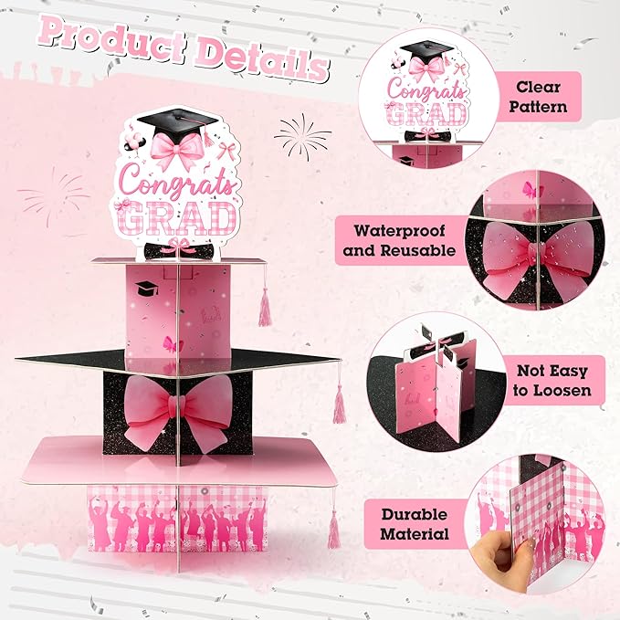 Haooryx Pink Bow Graduation Cupcake Stand - 3 Tier Graduation Hat Tie Cupcake Tower Cardboard Dessert Stand Candy Dount Dessert Holder for College High School Congrats Grad Party Decoration Supplies