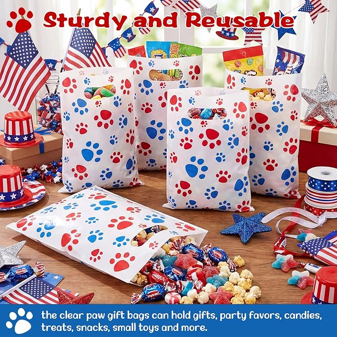 Pasimy 100 Pcs Dog Paw Gift Bags Bulk Pet Paw Puppy Plastic Treat Favor Candy Goodie Bags with Handle for Dog Birthday Party Decoration Supplies (Red White and Blue)