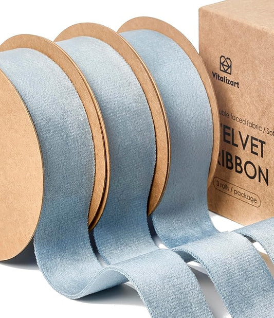 Vitalizart Dusty Blue Velvet Ribbon Set 1 Inch Double Faced for Christmas Ornaments Gift Wrapping 15 Yards Wreath Decoration Bows Making Holiday Crafts