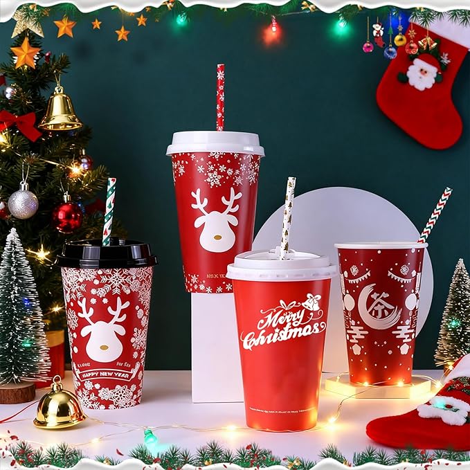Haundry 200 Christmas Paper Straws, 8 Styles Red Green White Gold Biodegradable Party Drinking Straws with Stripe, Wave, Christmas Tree Snowflake Design Decorations Supplies (color-200)