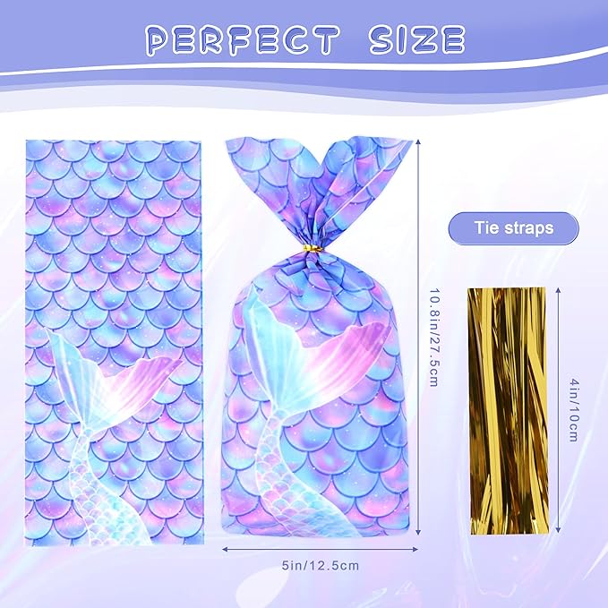 Mikzhskr Mermaid Party Favors - 30 Pcs Decorations, Cookie Goodie Candy Gift Bags, Little Mermaid Cellophane Treat Bags With 30 Pcs Gold Twist Ties for Birthday Party Supplies