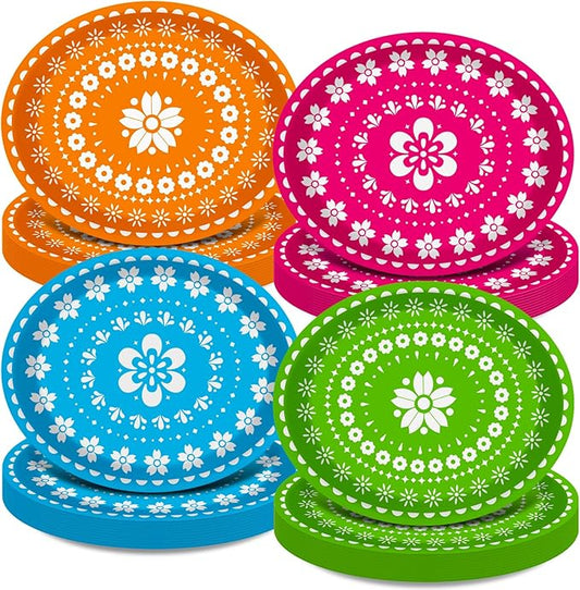 50 Count Fiesta Party Oval Paper Plates, Mexican Cinco De Mayo Large 11in Platters Tableware Supplies Disposable Dinner Plates for Mexican Taco Carnival Papel Picado Party Dinnerware Table Decorations