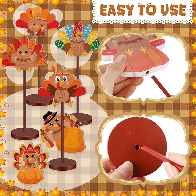 Geelin 10 Pcs Thanksgiving Turkey Decoration Wooden Turkeys Thanksgiving Table Sign Centerpiece Wood Tall Standing Block Set for Party Farmhouse Office Harvest Day Desk Decoration(Cute Turkey)