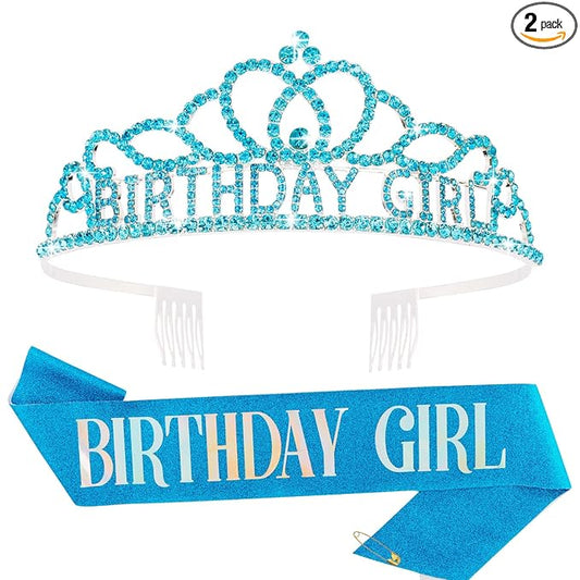 CIEHER Blue Princess Birthday Crown and Sash Set, Rhinestone Tiara with Comb and Glitter Sash, One Size, Female, Women, Girls