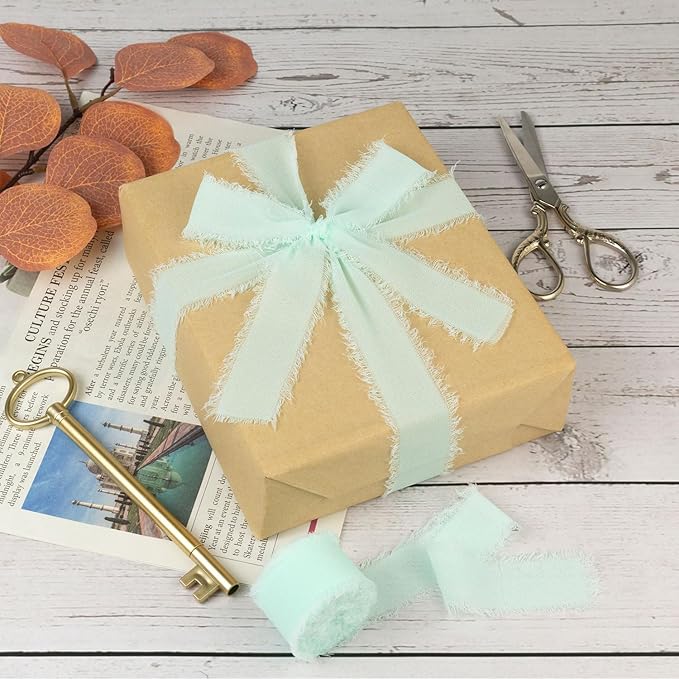 Aqua Chiffon Ribbon - 1 Inch x 21 Yards, Handmade Fringe, Silk, Boho Frayed, Dreamy Green for Gift Wrapping, Wedding Invitation, Bridal Flower Bouquets