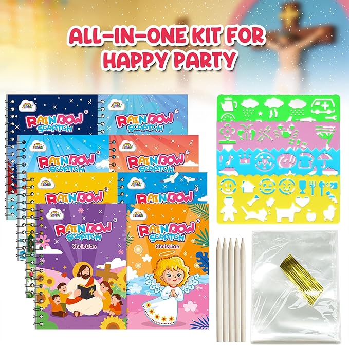 ZMLM 24 Pack Scratch Art Party Favors for Kids 4-8 – Individually Wrapped Rainbow Notebooks, Mess-Free Goodie Bag Stuffers, Non-Candy, Classroom Prizes, Travel Crafts for Boys Girls(Christian)