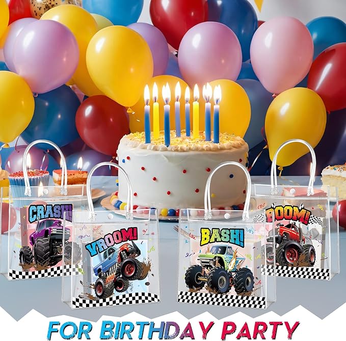 Aliceset 20 Pcs Truck Party Clear Favor Bags with Handles Monster Racing Car Party Treat Bags Truck Race Themed Decorations for Birthday Baby Shower Goodie Supplies, 8x8x3.15 inch