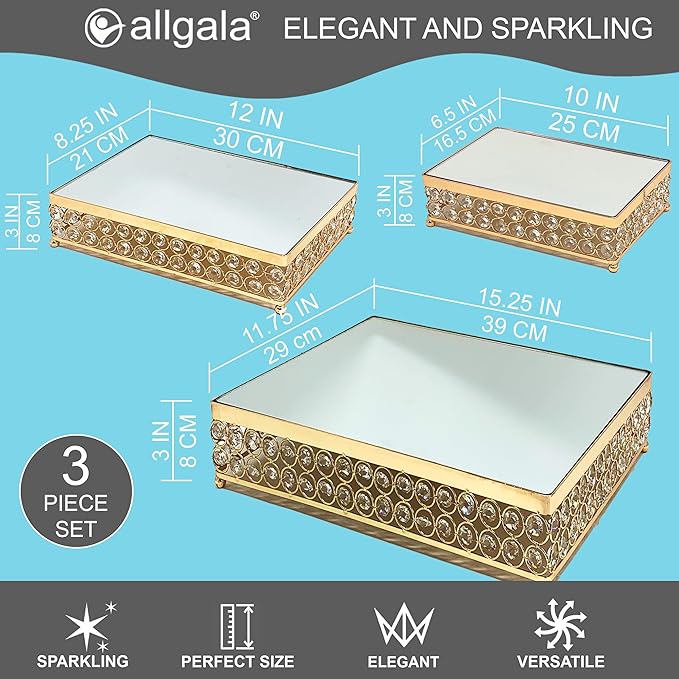 Allgala Wedding Cake Stands 3-Piece Set Crystal Gold Plated Cheese Dessert Cupcake Cake Stand with Mirror Plate-Gold Rectangle-HD89203