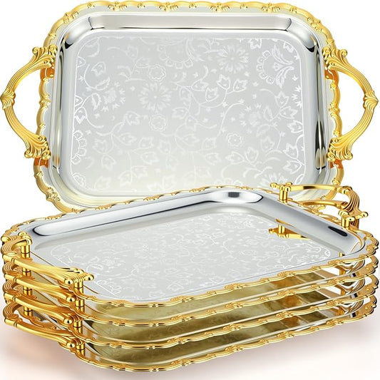 4 Pcs Silver Serving Tray with Handles Elegant Victoria Floral Engraved Metal Platters Large Decorative Trays for Buffet,Wedding Party, Jewelry Display, Service(Vintage,Slive and Gold)