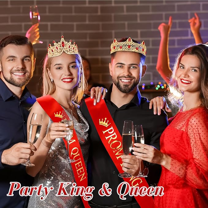 Ferreve 4 Pcs Prom King and Queen Crowns and Sashes Set Prom King and Queen Tiara Sash for Graduation Homecoming Costume Wedding Birthday (Red)