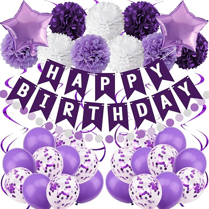Purple Party Decorations with Banner - Women Girls Engagement, Anniversary & Birthday Supplies