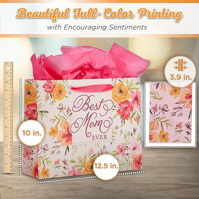 Christian Art Gifts Three Piece Landscape Gift Bag w/Card & Tissue Paper Set for Mothers - Best Mom Ever & The Lord Delights in You - Isaiah 62:4, White, Orange & Pink Multi-Floral Arrangement, Large