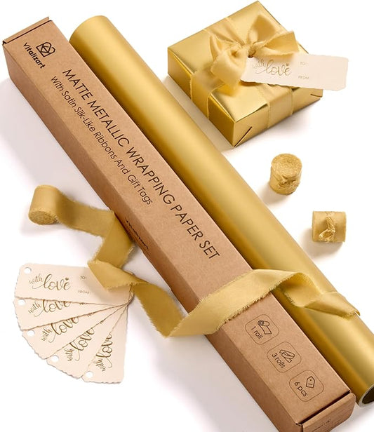 Vitalizart Gold Matte Metallic Wrapping Paper Set 17" With Silk Satin Ribbon & Gift Tags Christmas Gift Wrapping Birthday Baby Shower Wedding Bouquets Handmade Crafts 197"(16.4 Ft) Gold Ribbon