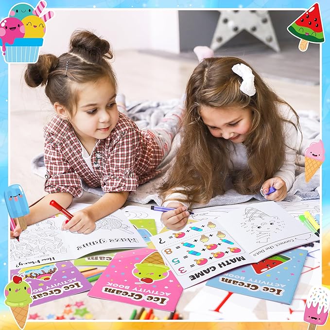 Ice Cream Activity Books for Kids 48Pcs Summer Ice Cream Mini Games Coloring Book Set Bulk Mazes Word Search Word Scramble Games for School Classroom DIY Art Gifts Summer Holiday Party Favors