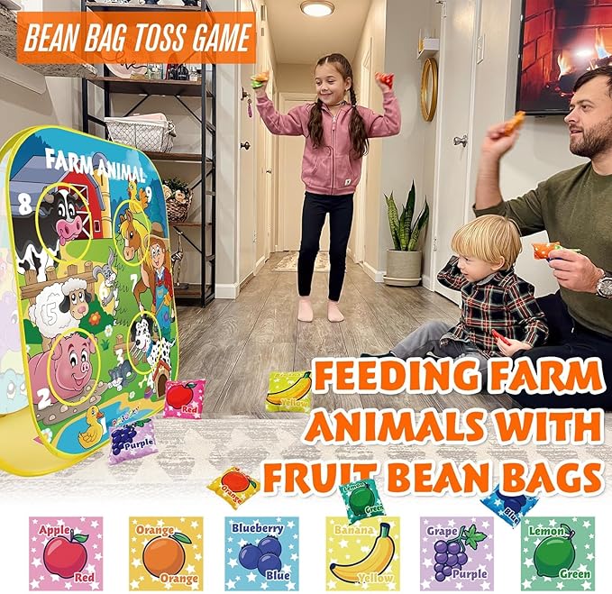 RaboSky 3-in-1 Farm Animals Bean Bags Toss Axes Throwing Sticky Balls Game for Kids 3 4 5 Toddlers Indoor Outdoor Sports Activities Toys Gifts for Boys Birthday Easter Christmas Stocking Stuffer