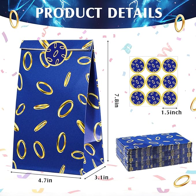 Faccito 24 Pcs Blue and Gold Ring Party Favors Bags Blue Gold Ring Goodies Candy Bags with Stickers Carton Themed Birthday Party Decorations for Gaming Candy Treat Snack Supplies