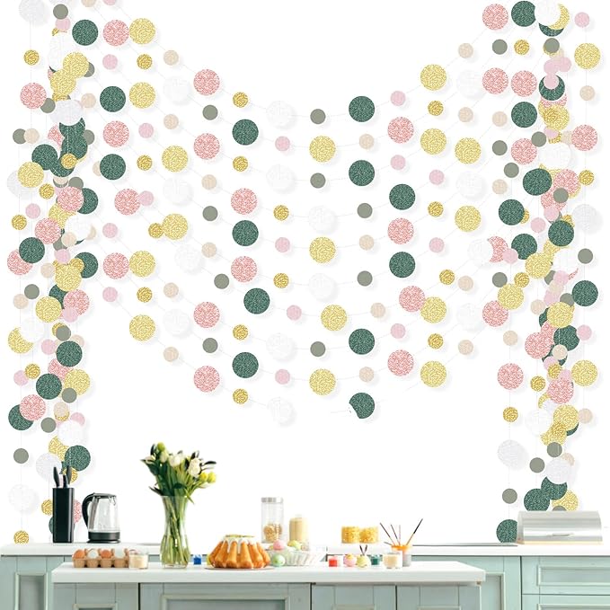Outus 10 Pieces Colorful Circle Garland Banner Hanging Paper Dot Decorations for Classroom, Birthday Party, Baby Shower, Wedding Backdrop & Photo Booth Graduation Decor (Sage Green,Pink,Gold)