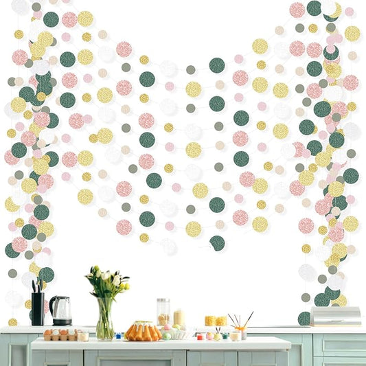 Outus 10 Pieces Colorful Circle Garland Banner Hanging Paper Dot Decorations for Classroom, Birthday Party, Baby Shower, Wedding Backdrop & Photo Booth Graduation Decor (Sage Green,Pink,Gold)
