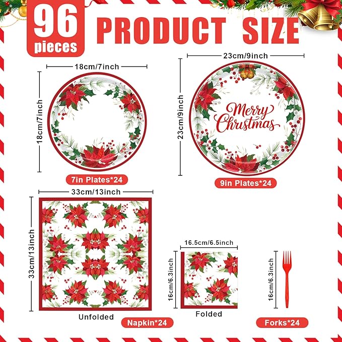 96 Pieces Christmas Poinsettia Tableware Set ??Merry Christmas Disposable Plates, Napkins, Forks Party Supplies with Holiday Flower and Holly Designs for Xmas Parties Celebrations ??Serves 24 Guests