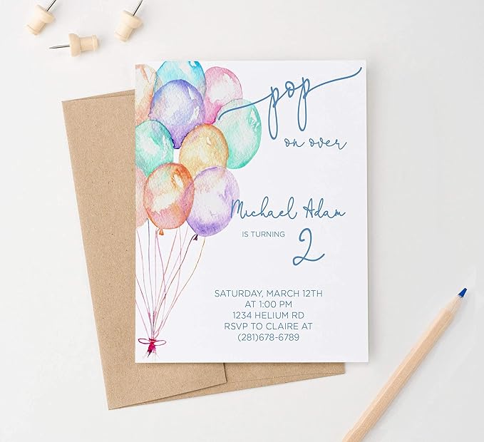 Modern Pink Paper Balloon Birthday Invitation for Boys, Balloon Invitations for Kids Party, Your choice of Quantity, Age, Info and Envelope Color