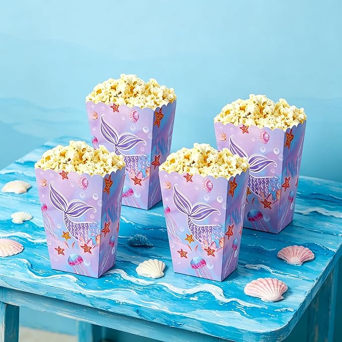 BACH AND BOUJEE 12 PCS Mermaid Popcorn Boxes Under the Sea Party Favor Goodie Boxes Candy Bags for Girls Princess Mermaid Birthday Party Supplies Baby Shower Wedding Decorations