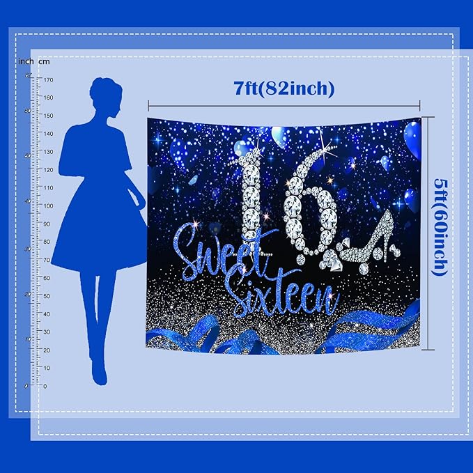 Mocsicka 7x5 Sweet 16 Birthday Backdrop Blue and Silver Sixteen Birthday Decoration for Girls Happy 16th Banner Background for Photography Party Supplies (7x5ft (82x60 inch))