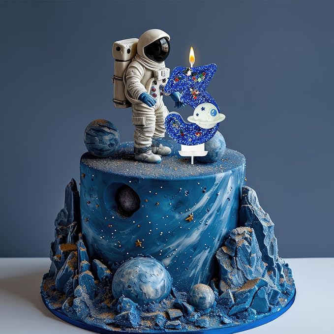 HXOUSE Spaceship Number 3 Birthday Candles - Outer Space Universe Birthday Candles for Cake, 3 Candle Topper for Anniversary Celebrations, Astronaut Rocket Party Decorations for Boys
