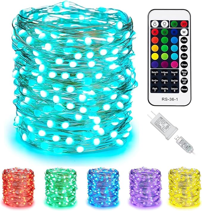 Minetom Color Changing Fairy String Lights - 33 ft 100 LED USB Silver Wire Lights with Remote and Timer, Starry Fairy Light for Bedroom Party Indoor Christmas Decoration, 16 Colors, Adapter Included