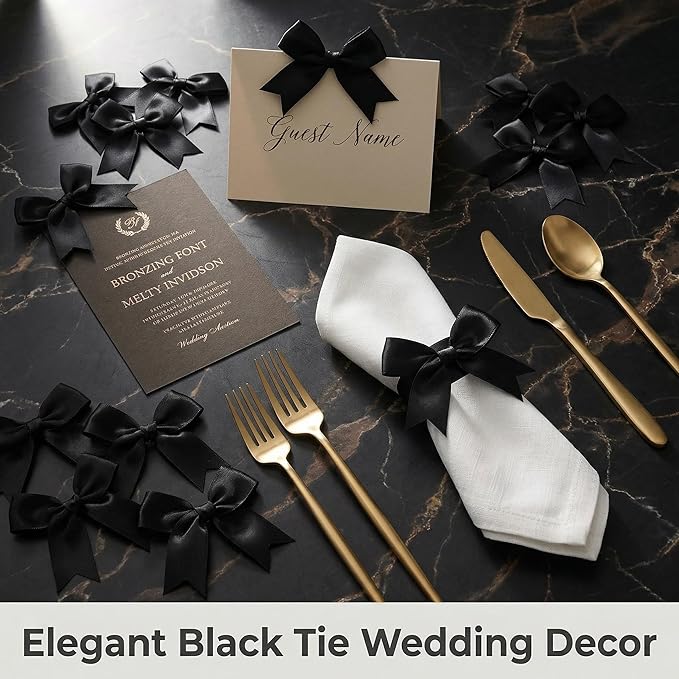 Black Gift Wrap Bows – 100 Pcs 3.3 Inch Elegant Satin Ribbon Bows for Men's Gifts & Black Tie Wedding – Halloween Decor, Formal Events, Gift Wrapping, Party Decorations (Includes 50 Adhesive)