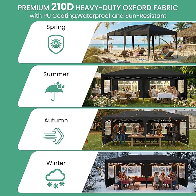 10x20 Pop Up Canopy Party Tent with 6 Sidewalls, Outdoor Wedding Party Tent Waterproof UV50 Commercial Canopy Event Shelter Gazebo Tents for Parties, 6 pcs Weight Bag,Carry Bag,Black