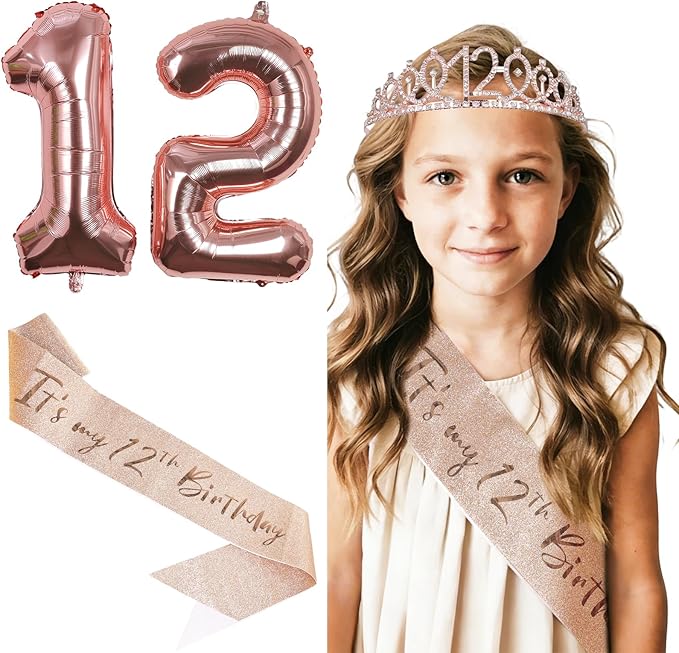 12th Birthday Decorations for Girls, Including Sash, Crown Tiara, Candles, Cake Toppers, 12rd Birthday Gifts for Girls