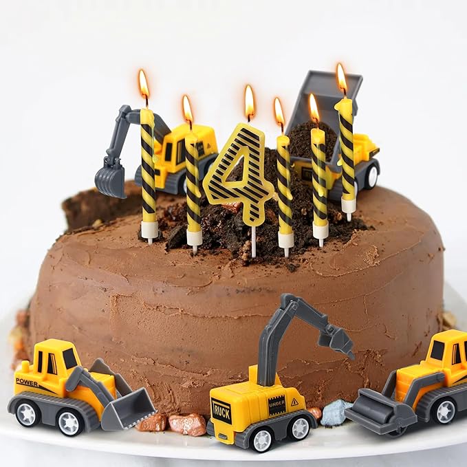 Number 4 Construction Birthday Candles, 12 Pcs Construction Cake Toppers Set, Digger Cake Topper for Birthday Anniversary Party Cake Decorations