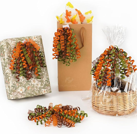 HUIHUANG Fall Bows for Gift Wrapping Moss Green/Orange/Brown Curly Bows with Self Adhesive & Twist Tie, 7 inch Sheer Satin Ribbon Bow for Presents, Gift Basket, Fall Decor, Party Favors- 6 Counts